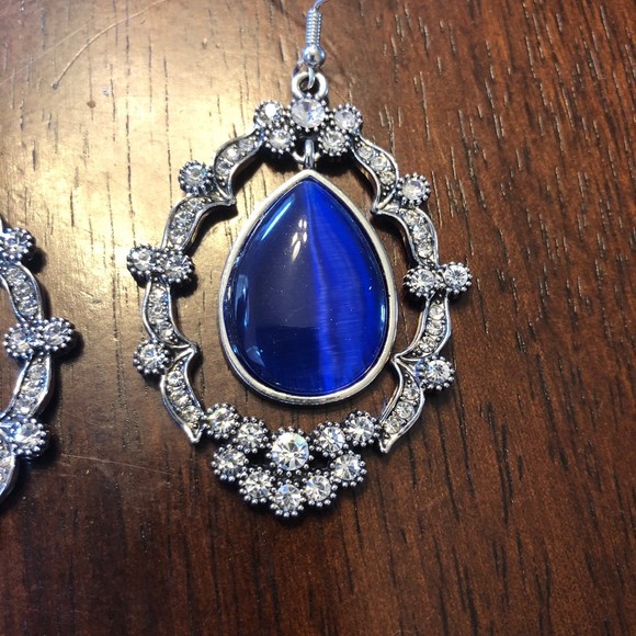 Cobalt Blue Teardrop Surrounded by Rhinestone Drop Earrings - Picture 8 of 8